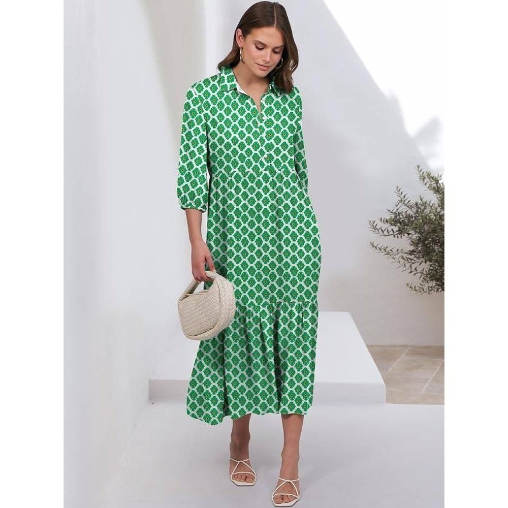 Anrabess Green Floral Puff Sleeve Maxi Shirt Dress XL Cottagecore Summer Resort - Picture 14 of 15